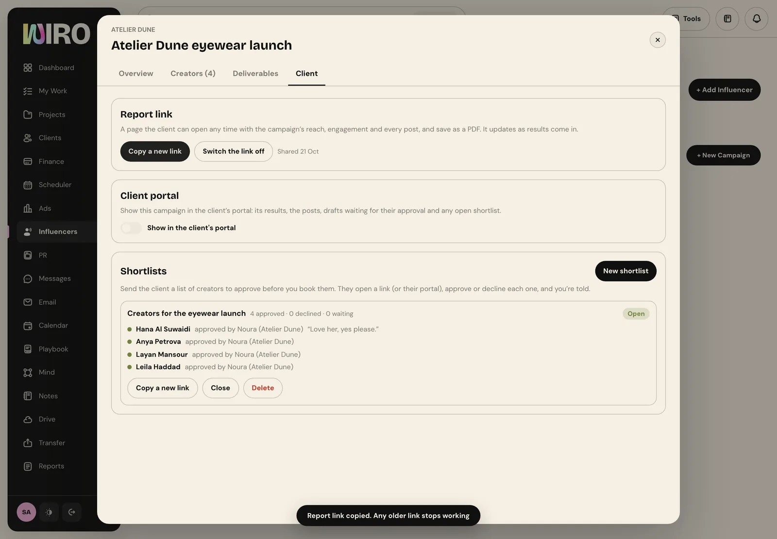 The Client tab with the report link made, a client portal switch and the shortlist with four creators approved
