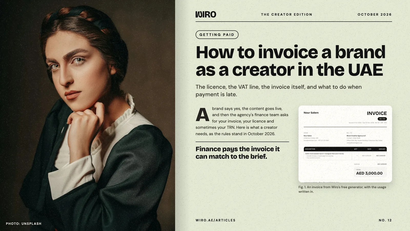 An editorial spread: a portrait of a woman with braided hair beside a green page with the headline and an invoice from Wiro's free invoice generator
