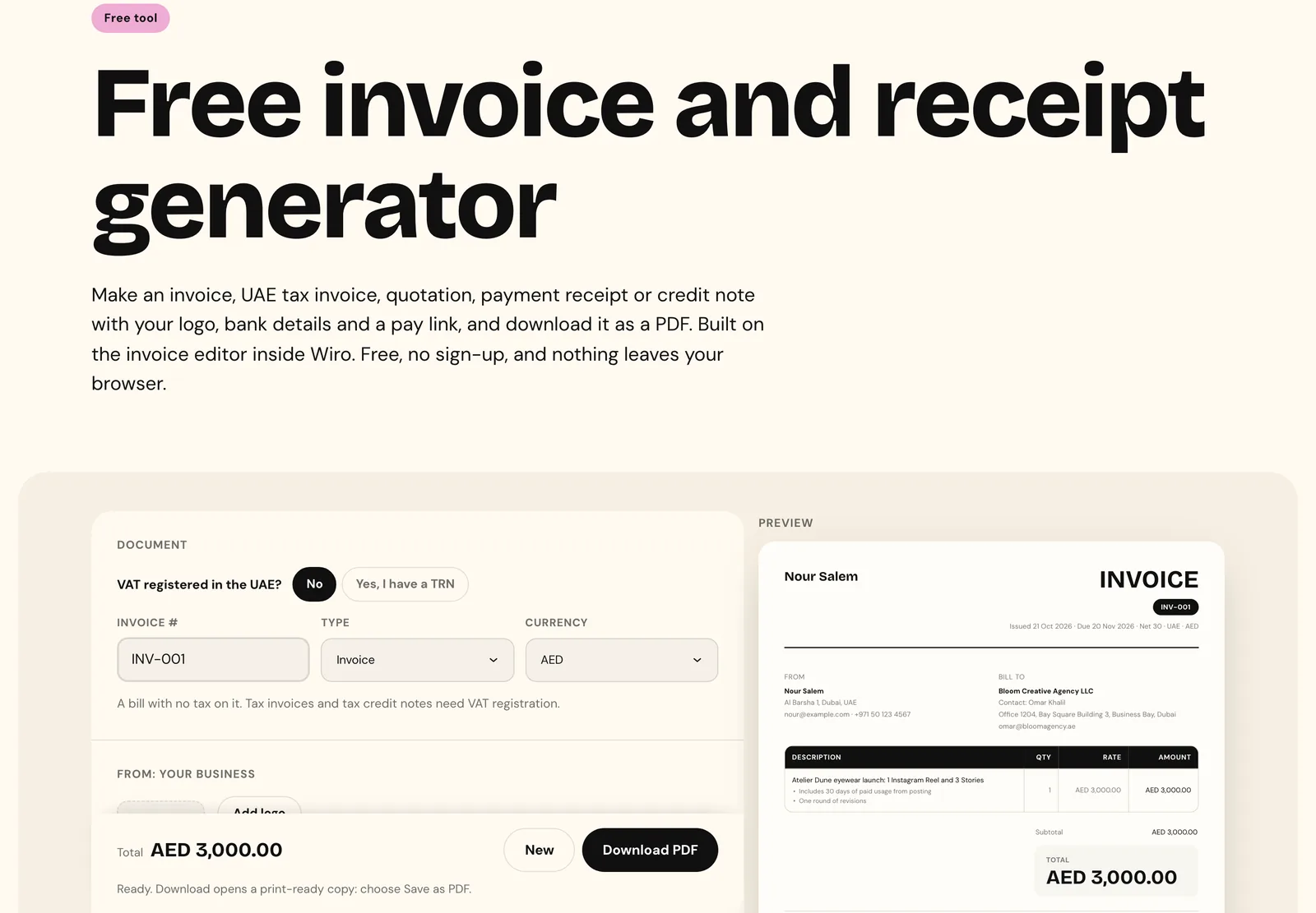 Wiro's free invoice generator with VAT registered in the UAE set to No, the type set to Invoice, and a preview of the invoice from Nour Salem