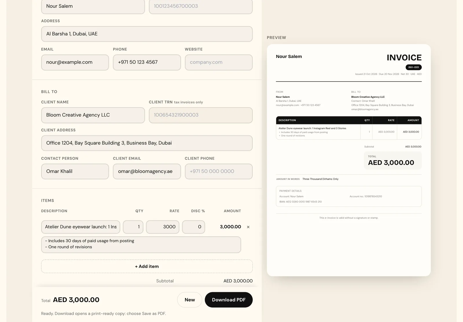 An invoice line for the Atelier Dune eyewear launch, one Instagram Reel and three Stories at AED 3,000, with details for 30 days of paid usage and one round of revisions