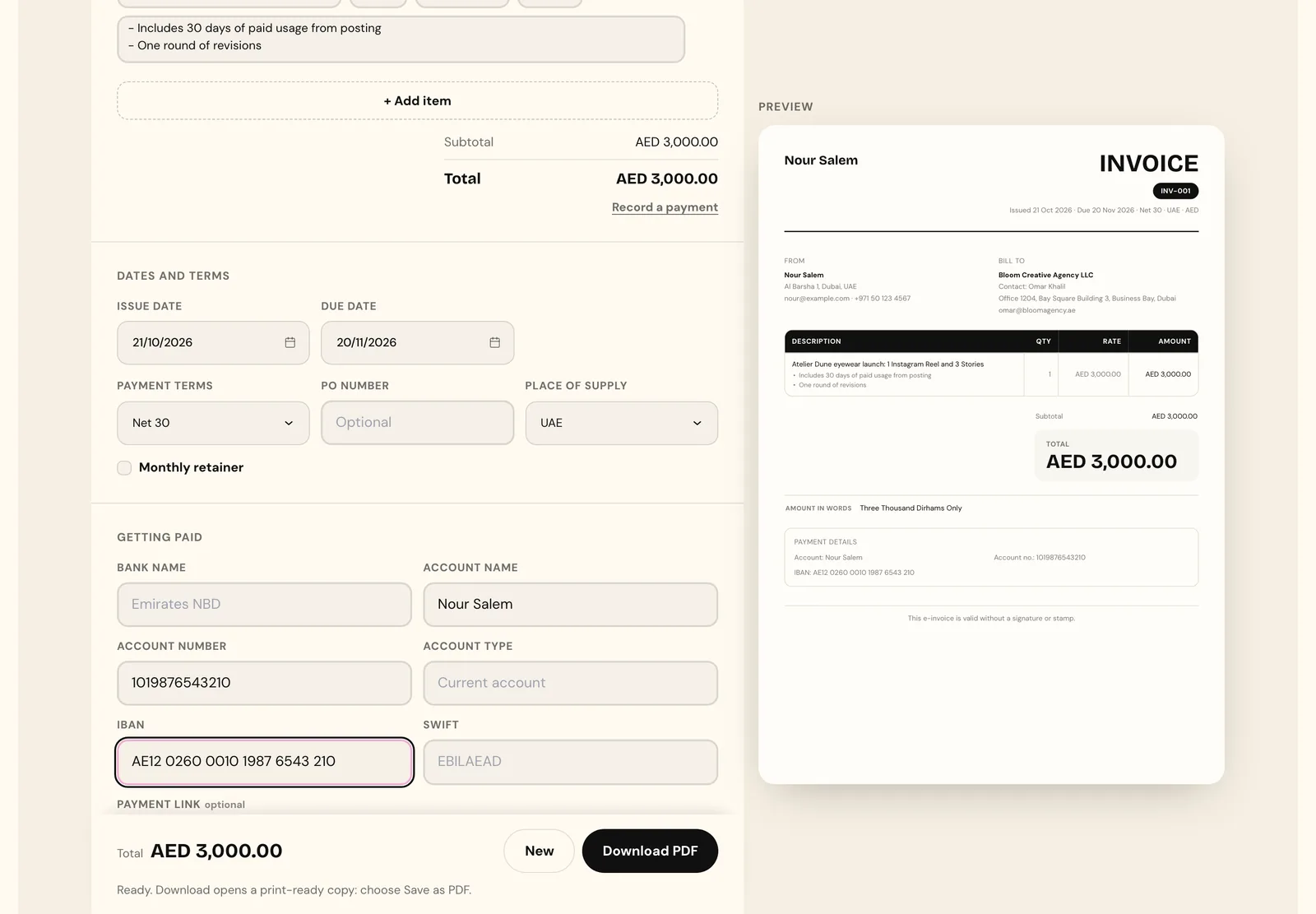 The Getting paid section with bank name, account name, account number, IBAN, SWIFT and an optional payment link, beside the invoice preview