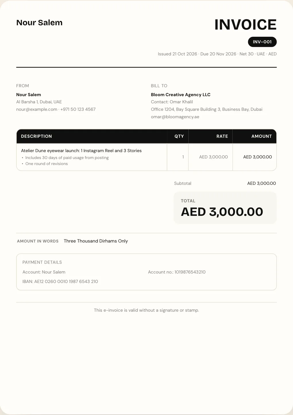 A finished invoice from Nour Salem to Bloom Creative Agency LLC for AED 3,000, due on 20 November with net 30 terms and payment details