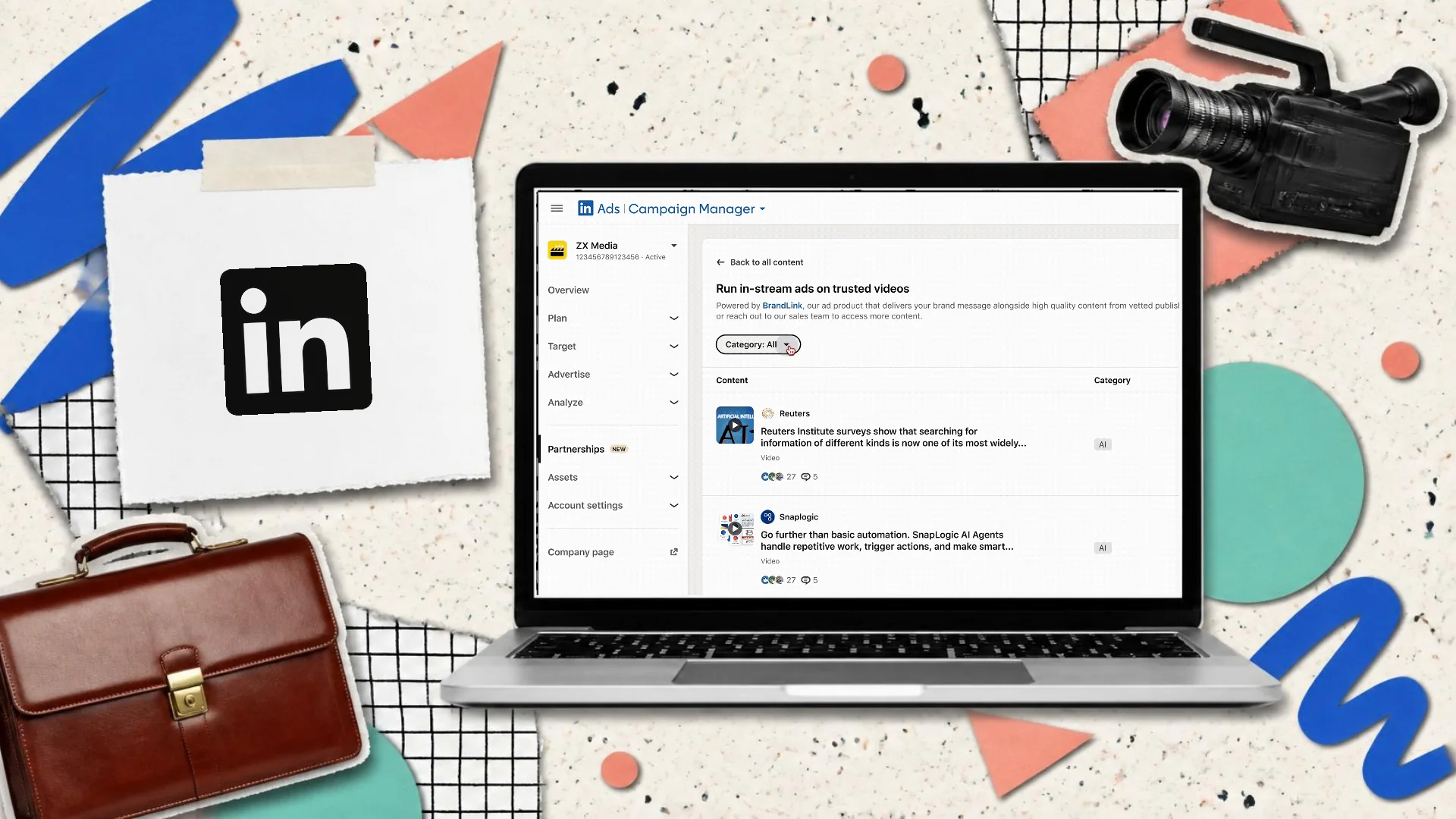 A Memphis-style paper collage of a laptop showing BrandLink in LinkedIn Campaign Manager, a list of trusted publisher videos to run in-stream ads on, beside a briefcase, a camcorder and the LinkedIn logo on a tag
