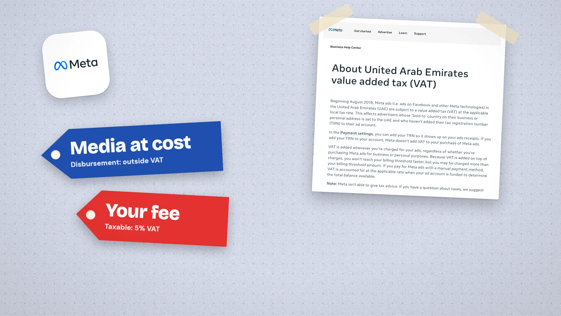 The Meta logo with price tags contrasting media at cost outside VAT and the agency fee at 5% VAT, beside Meta's help page on UAE VAT