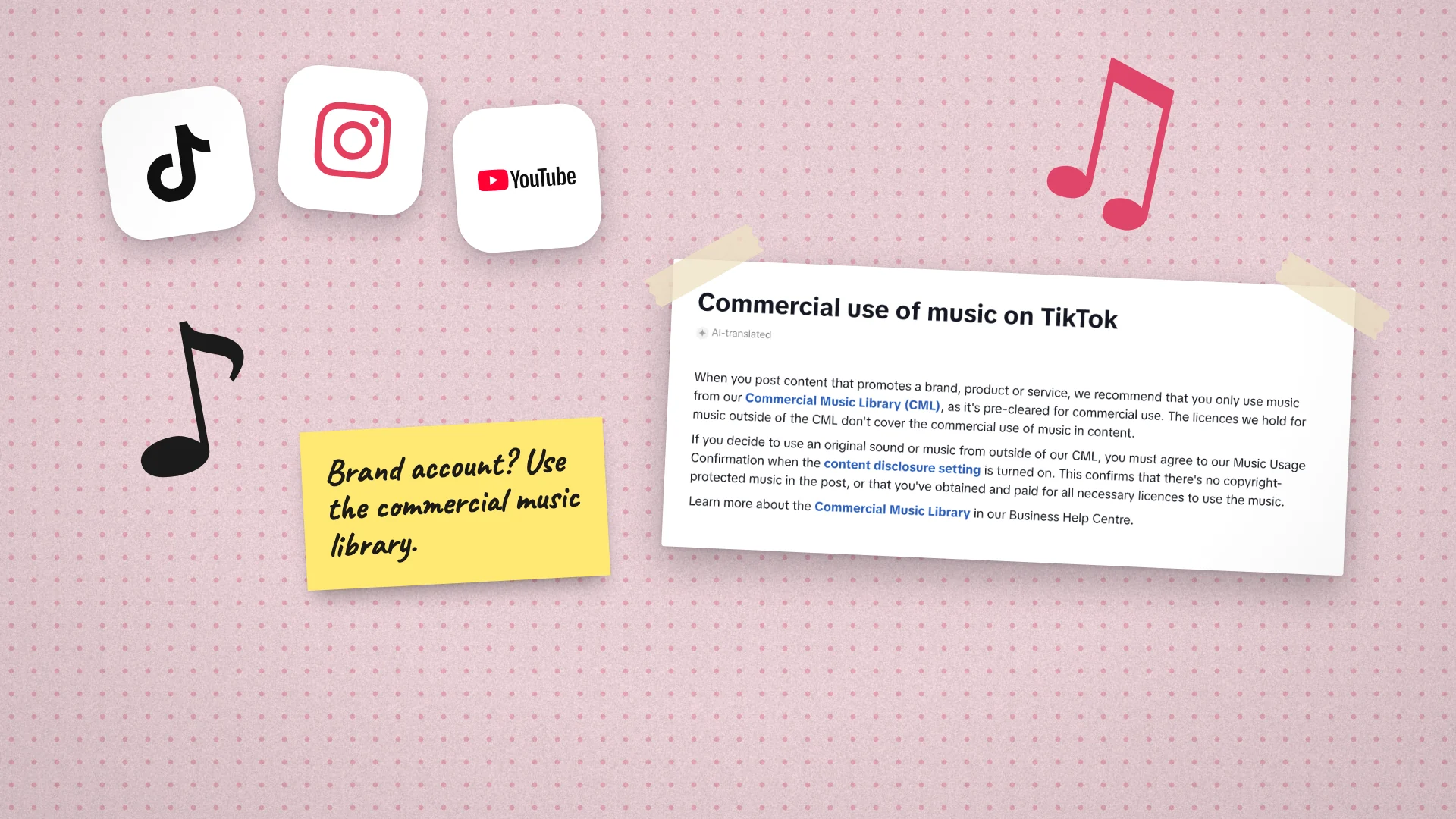 TikTok, Instagram and YouTube logos with music notes on pink dotted paper, beside TikTok's help article on commercial use of music