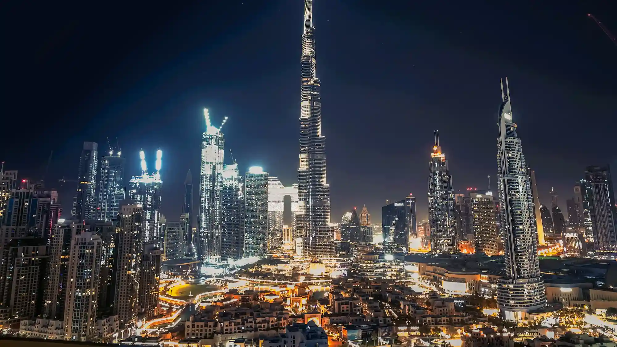 The Dubai skyline lit up at night