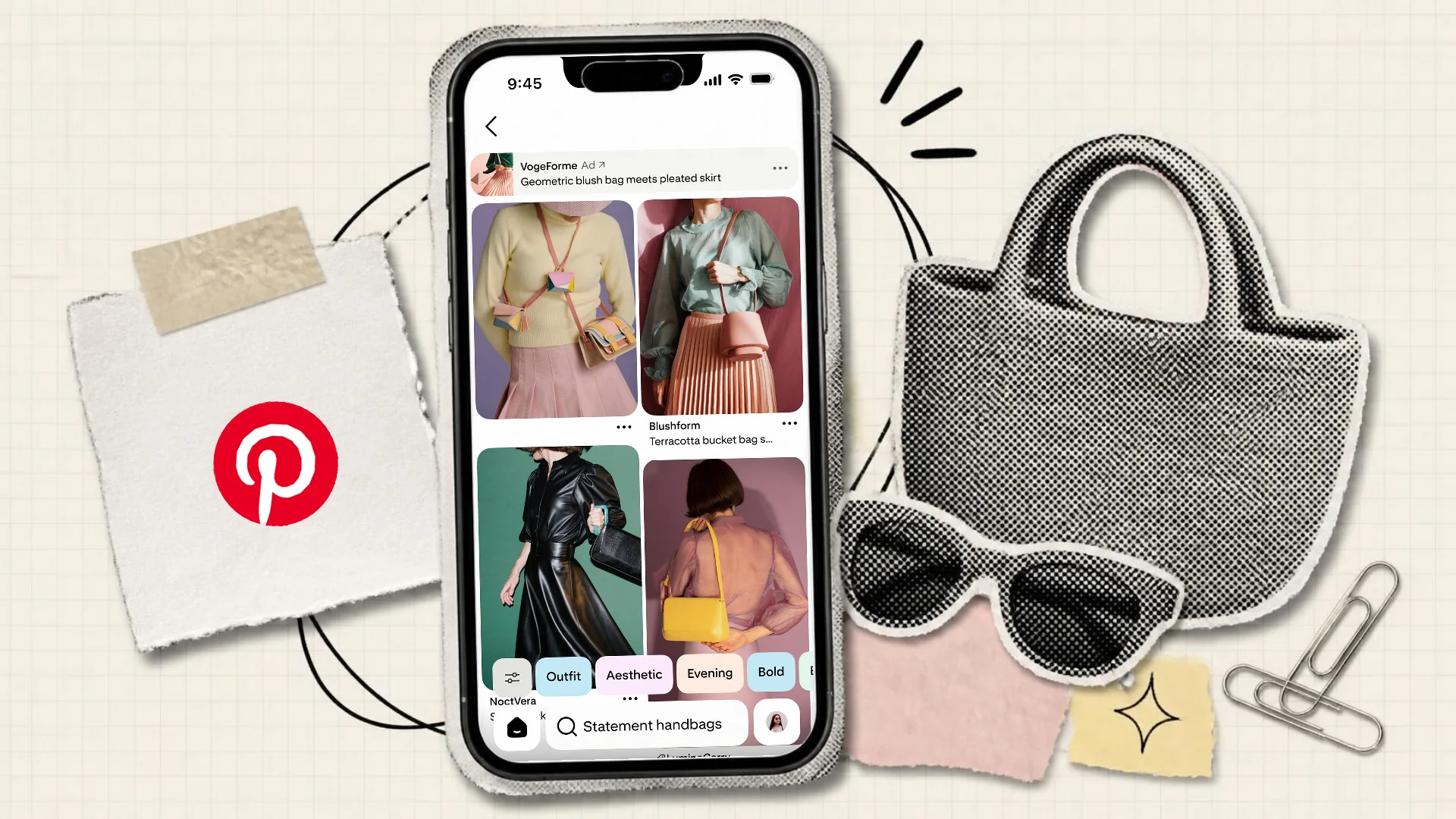 A paper collage of a phone showing Pinterest search results with a sponsored Pin at the top, beside the Pinterest logo on a taped tag