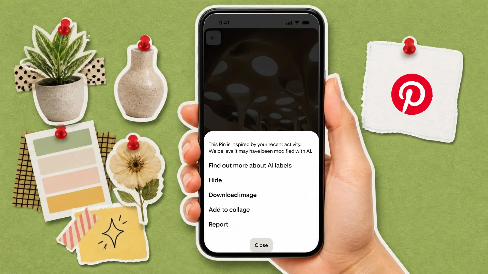 A mood board collage on green paper of a hand holding a phone with Pinterest's AI label menu open, beside the Pinterest logo pinned to a tag