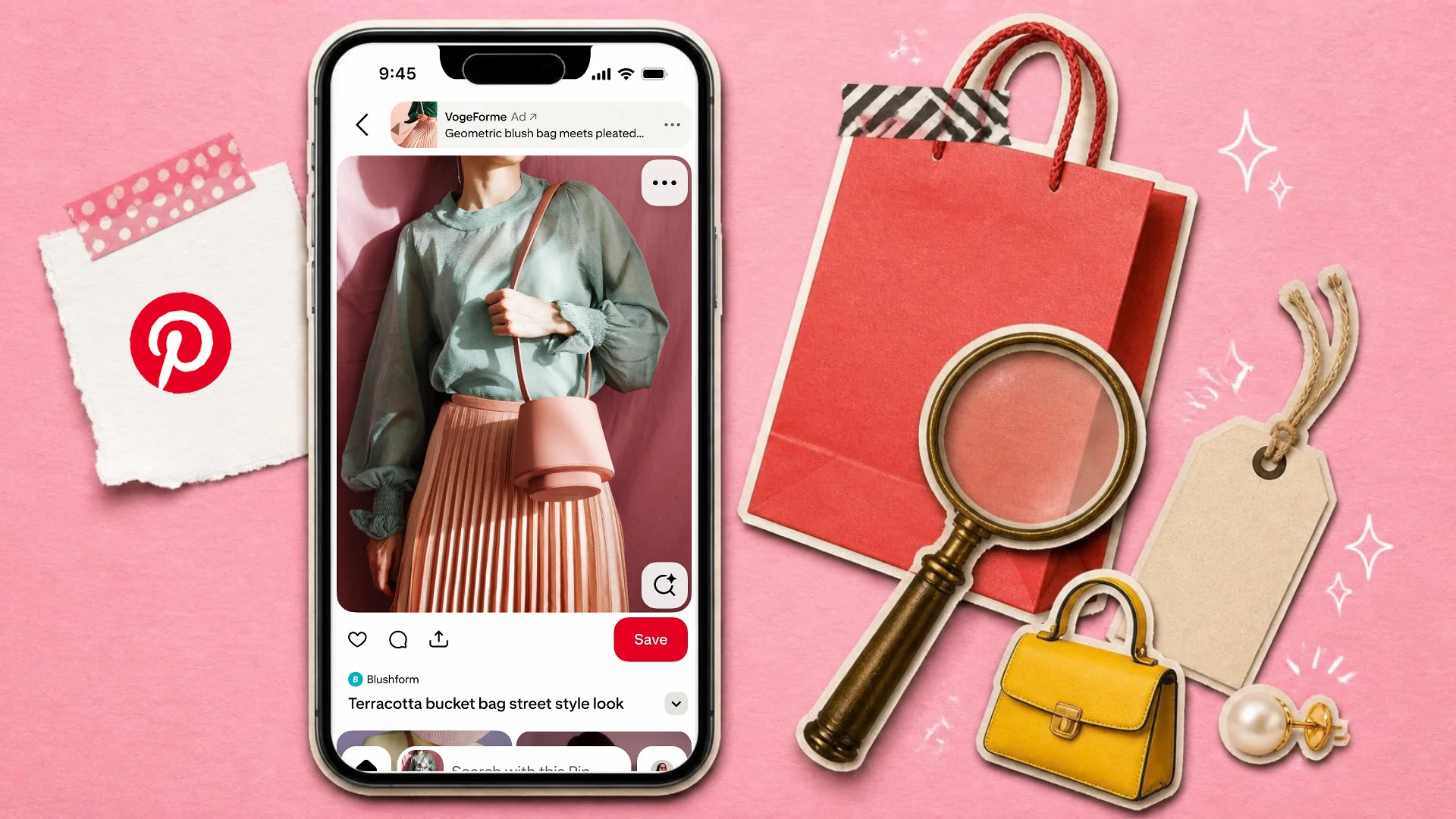A colour paper collage on pink paper of a phone showing a Pinterest Visual Search Ad on a Pin close-up, beside a shopping bag, a magnifying glass and the Pinterest logo on a tag