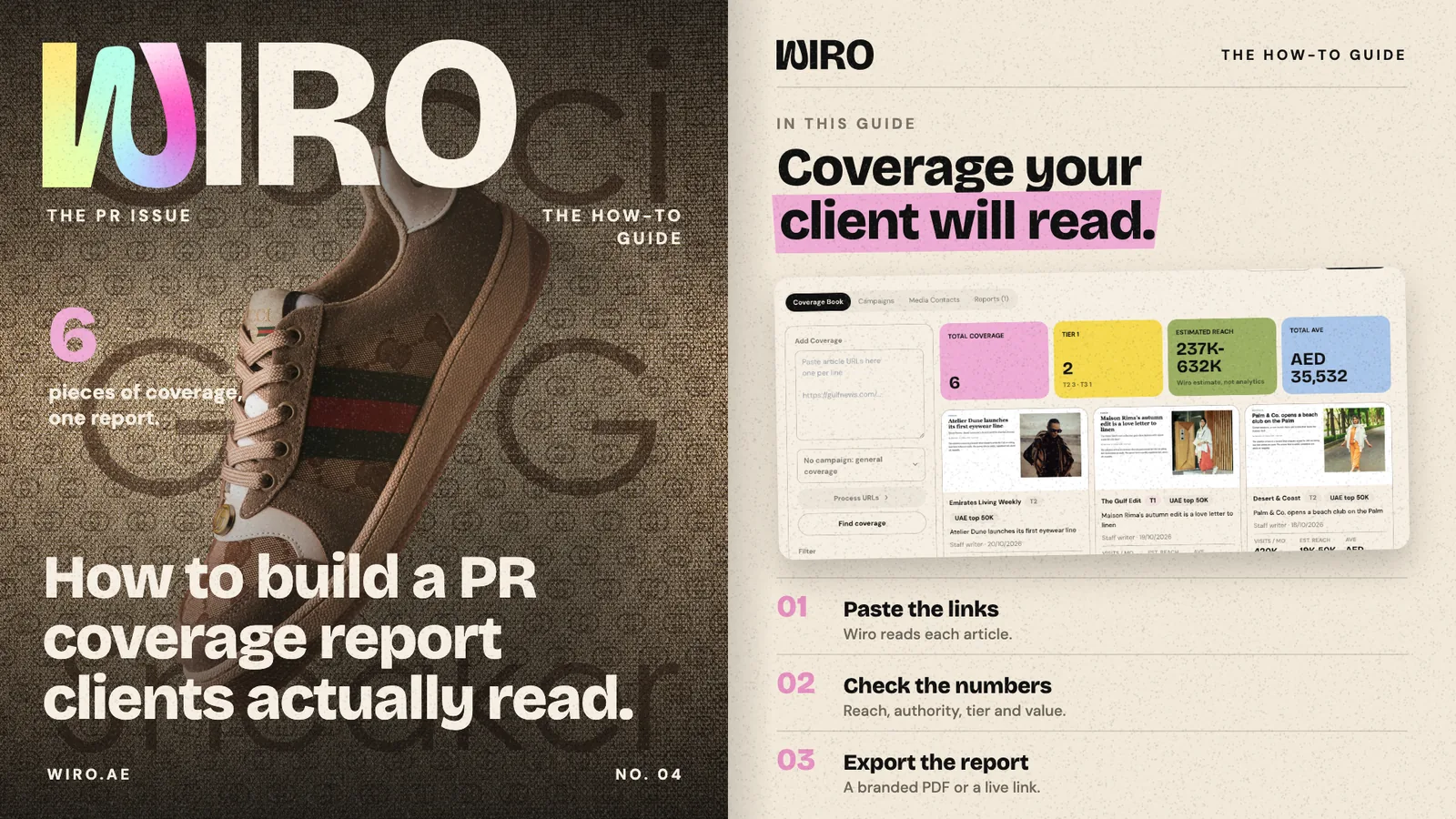 A magazine-style spread: a sneaker poster beside a contents page showing Wiro's PR coverage book