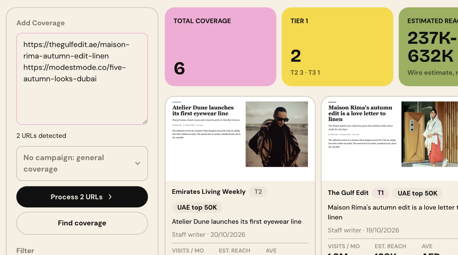 The Add Coverage box with two article links pasted, 2 URLs detected, a campaign picker and a Process 2 URLs button