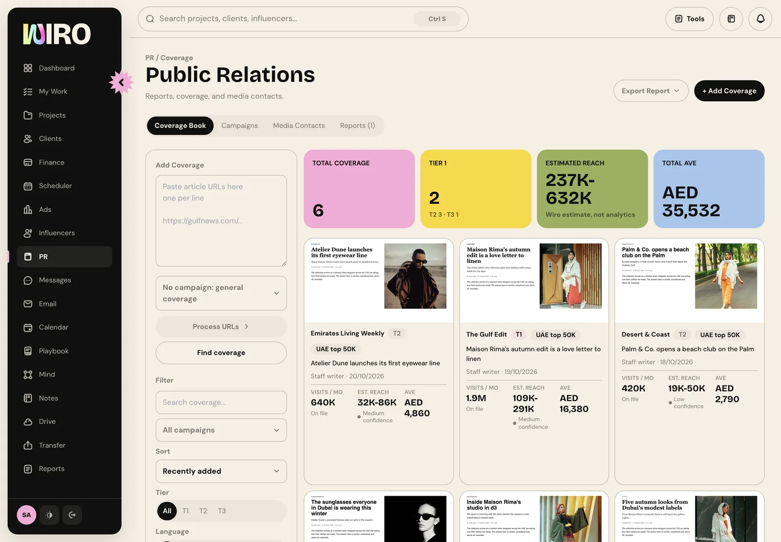 The PR Coverage Book with totals for coverage, tier 1, estimated reach and AVE, and a grid of coverage cards with screenshots