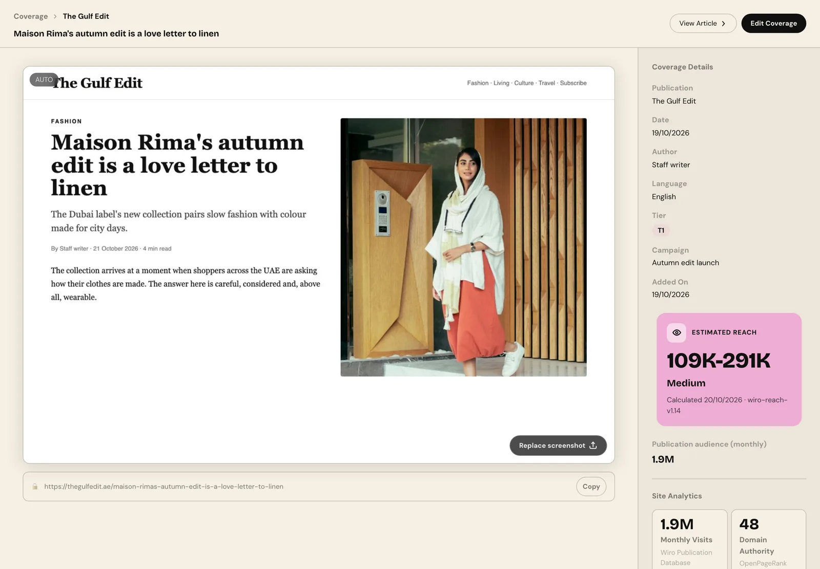 A coverage detail page with the article screenshot from The Gulf Edit, the publication, date, tier and campaign, and an estimated reach range of 109K to 291K at medium confidence