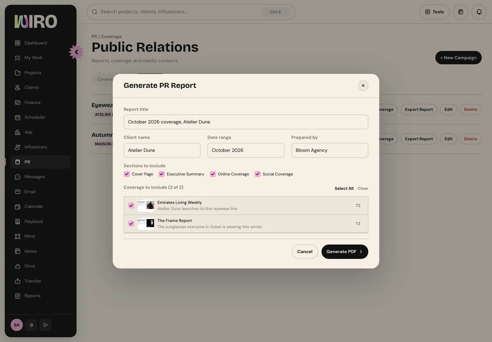The Generate PR Report dialog with title, client, date range, prepared by, four section checkboxes and two pieces of coverage ticked