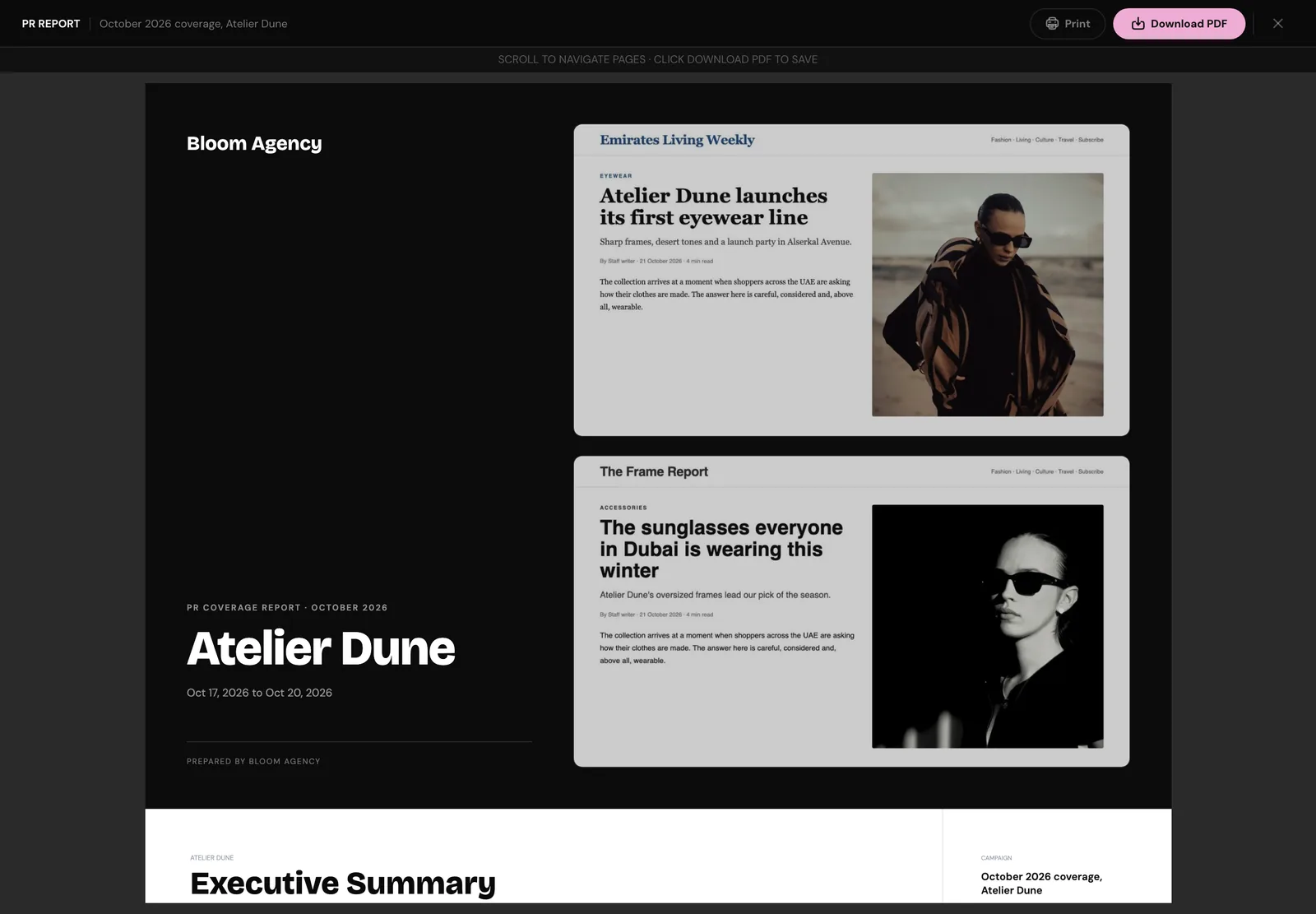 The generated PR report's cover page for Atelier Dune, prepared by Bloom Agency, beside two article pages