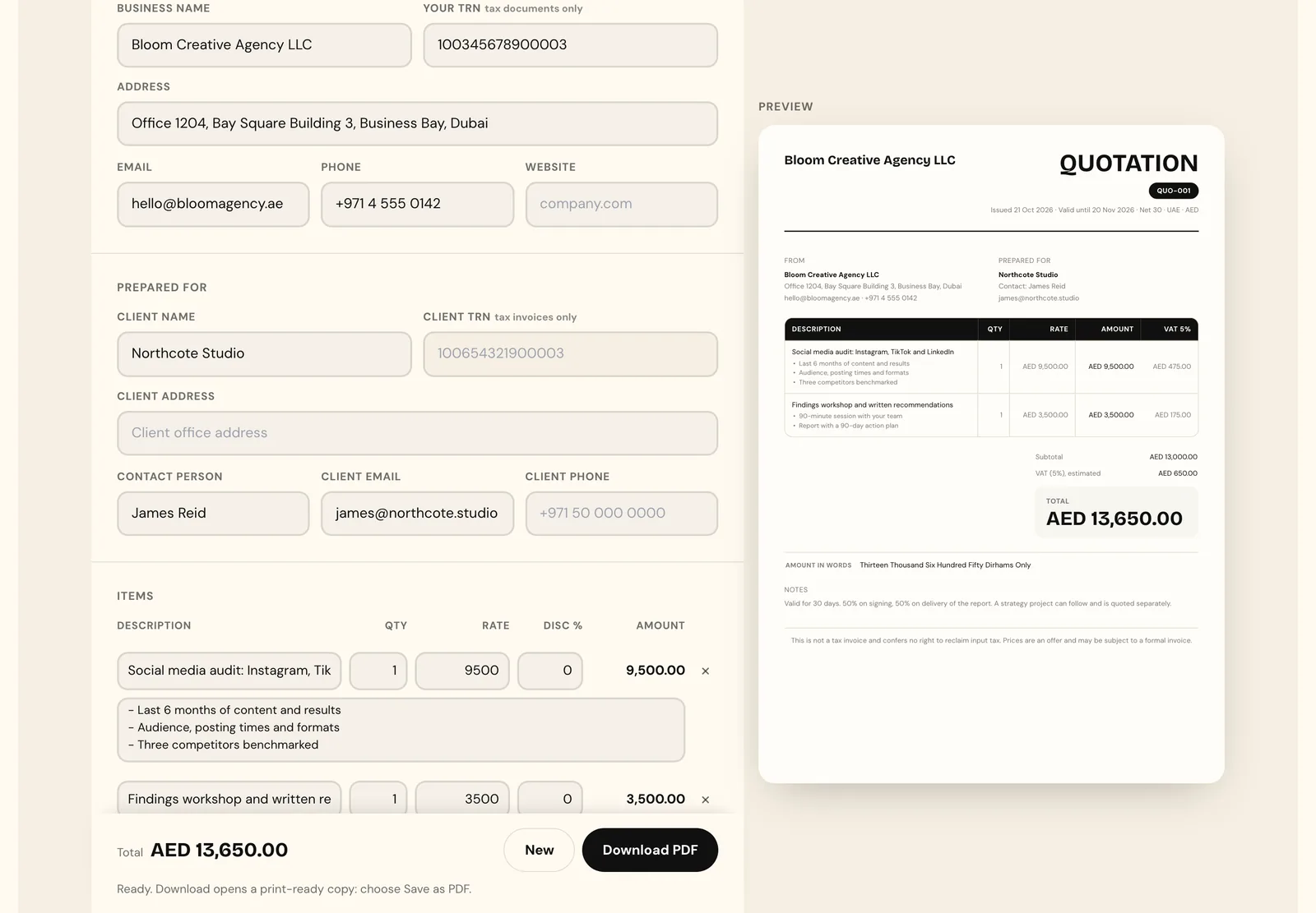 The quotation generator with two line items, a social media audit for Instagram, TikTok and LinkedIn at AED 9,500 and a findings workshop at AED 3,500, each with its scope in bullets