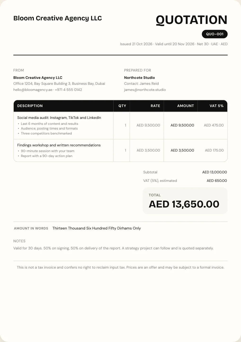 A quotation from Bloom Creative Agency LLC to Northcote Studio for AED 13,650 including VAT, with the scope, payment terms and a 30-day validity