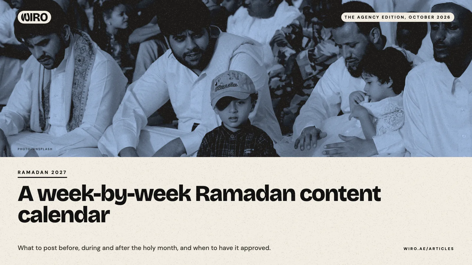 A cover with a blue-toned photo of families sitting together on prayer rugs at a community gathering, above the headline about a Ramadan content calendar