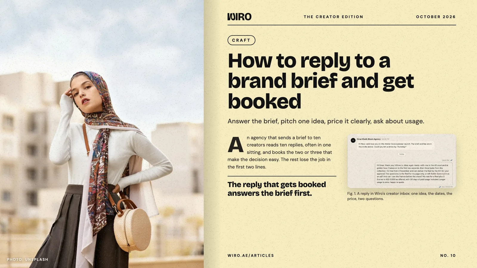 An editorial spread: a woman in a patterned headscarf on a sunny street beside a yellow page with the headline and a reply in Wiro's creator inbox