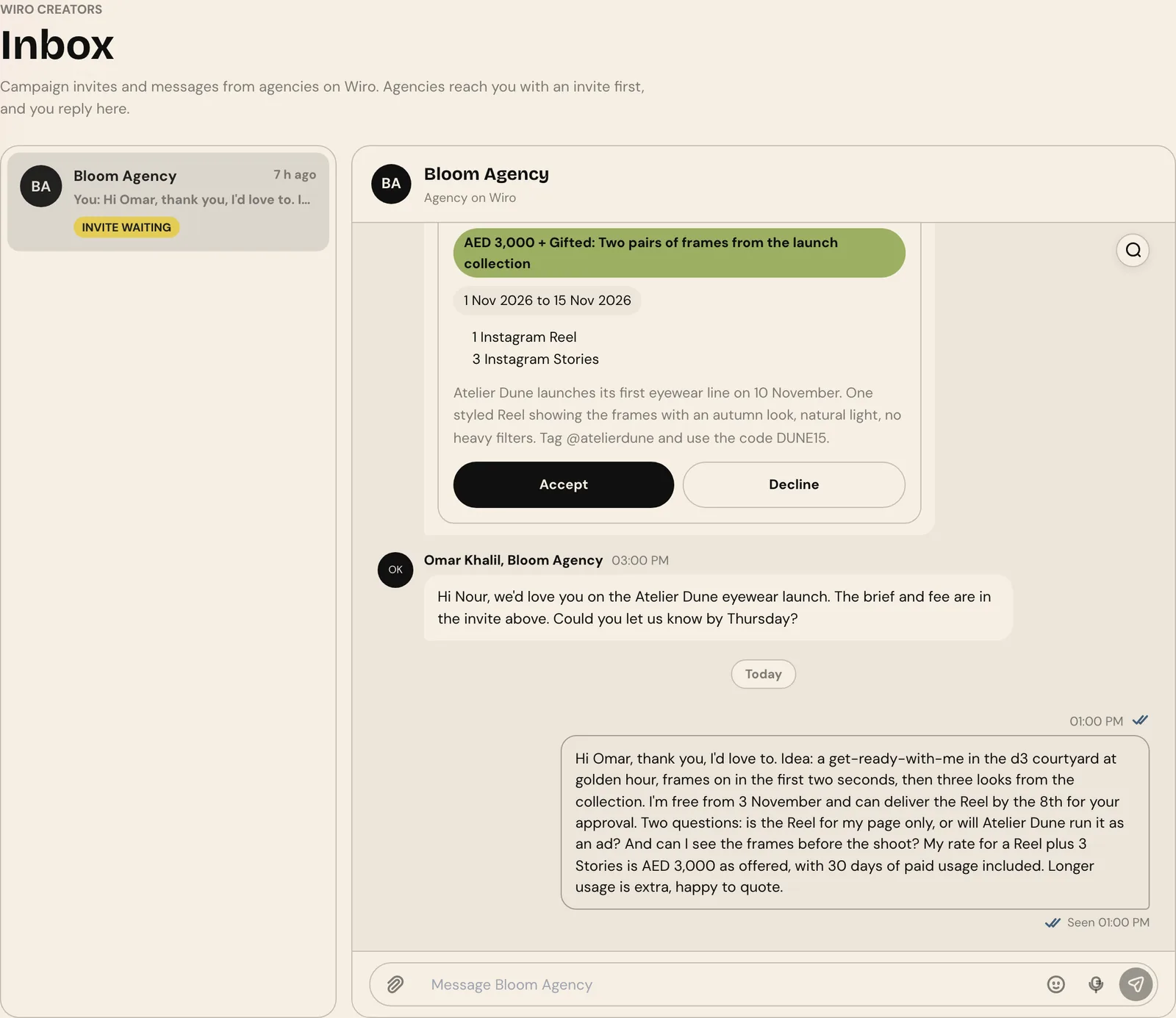 A campaign invite in Wiro's creator inbox showing AED 3,000 plus gifted frames, dates from 1 to 15 November, one Instagram Reel and three Stories, the brief and Accept and Decline buttons