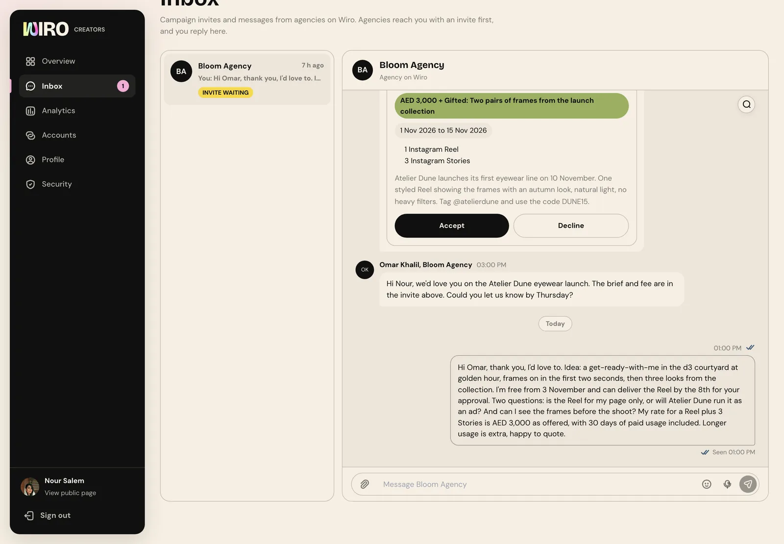 A creator's reply in Wiro's inbox thanking the agency, pitching a get-ready-with-me idea, confirming dates, stating AED 3,000 with 30 days of paid usage, and asking two questions