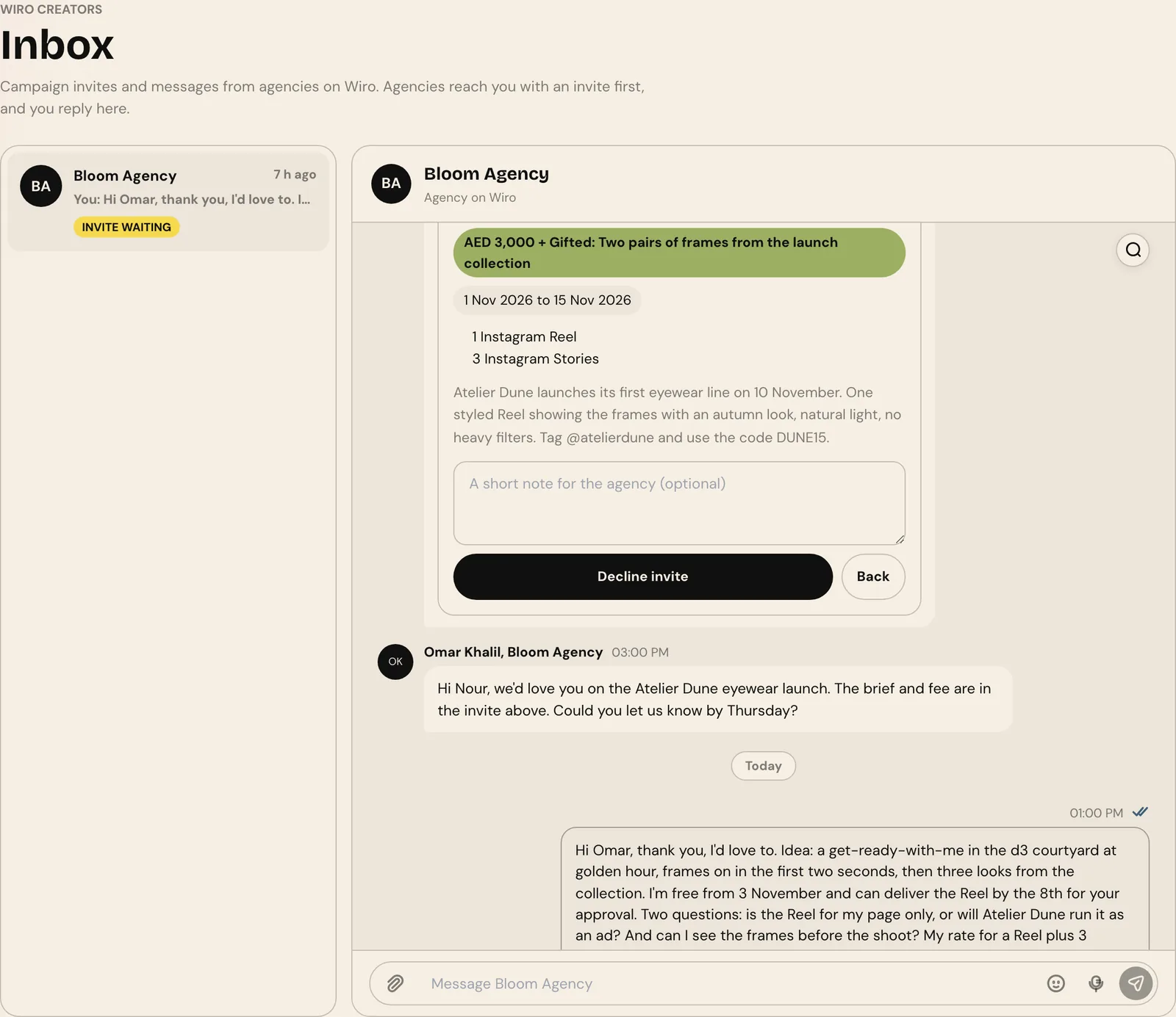 The Decline view of an invite with an optional note for the agency and Decline invite and Back buttons