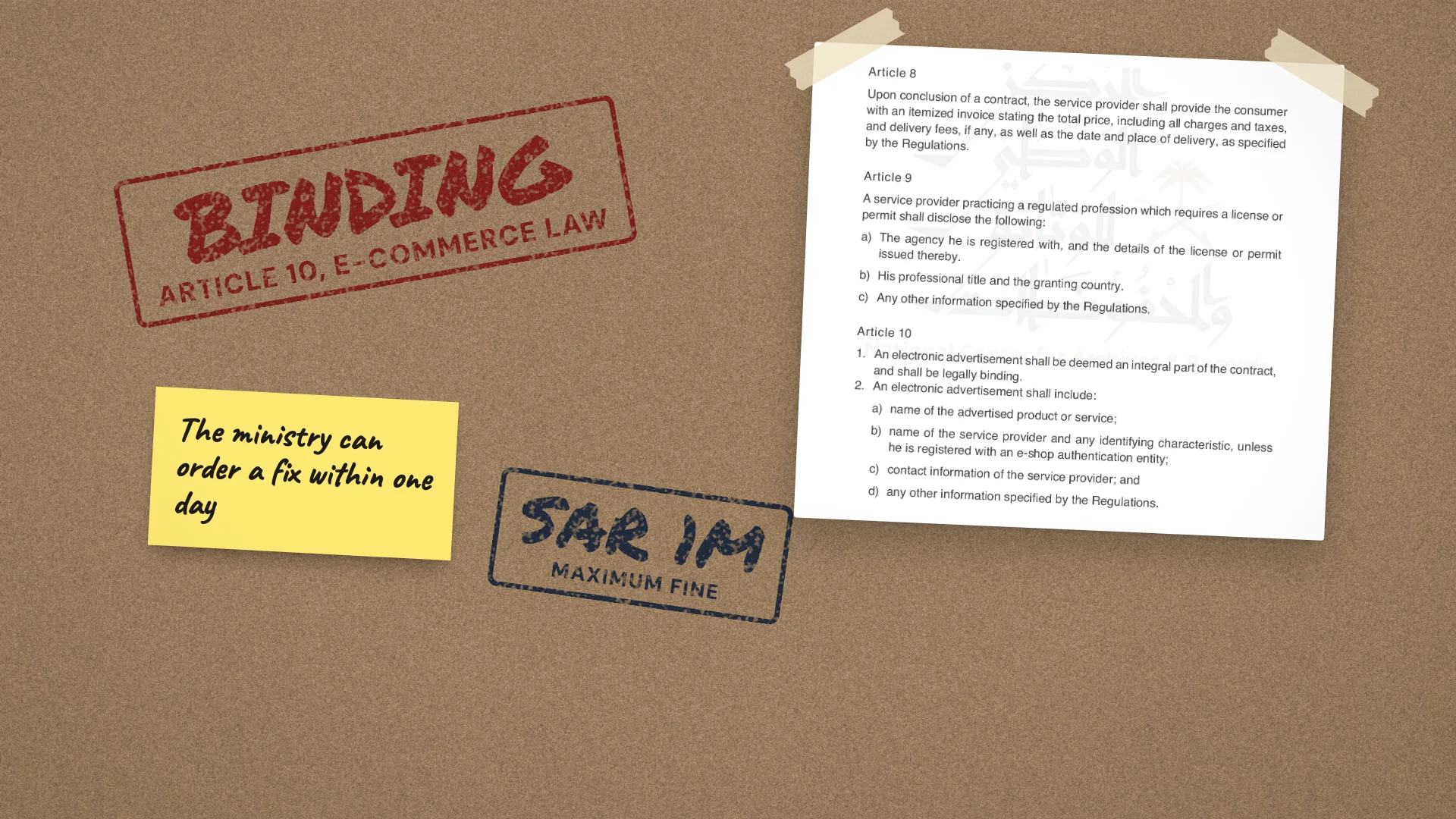 Rubber stamps reading Binding, Article 10 and SAR 1M maximum fine on kraft paper, beside the articles on electronic advertisements in Saudi Arabia's E-Commerce Law