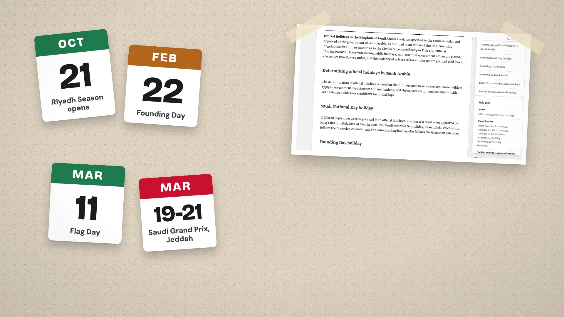 Tear-off calendar pages for Riyadh Season on 21 October, Founding Day on 22 February, Flag Day on 11 March and the Saudi Grand Prix on 19 to 21 March, beside Saudipedia's page on official holidays