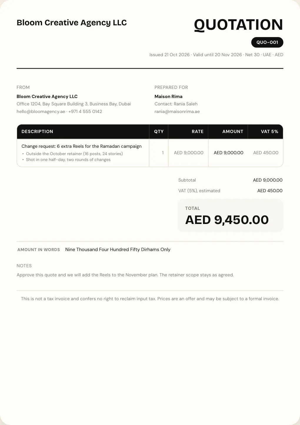 A quotation from Bloom Creative Agency LLC to Maison Rima for six extra Reels outside the October retainer, AED 9,450 including VAT, with a note that the retainer scope stays as agreed