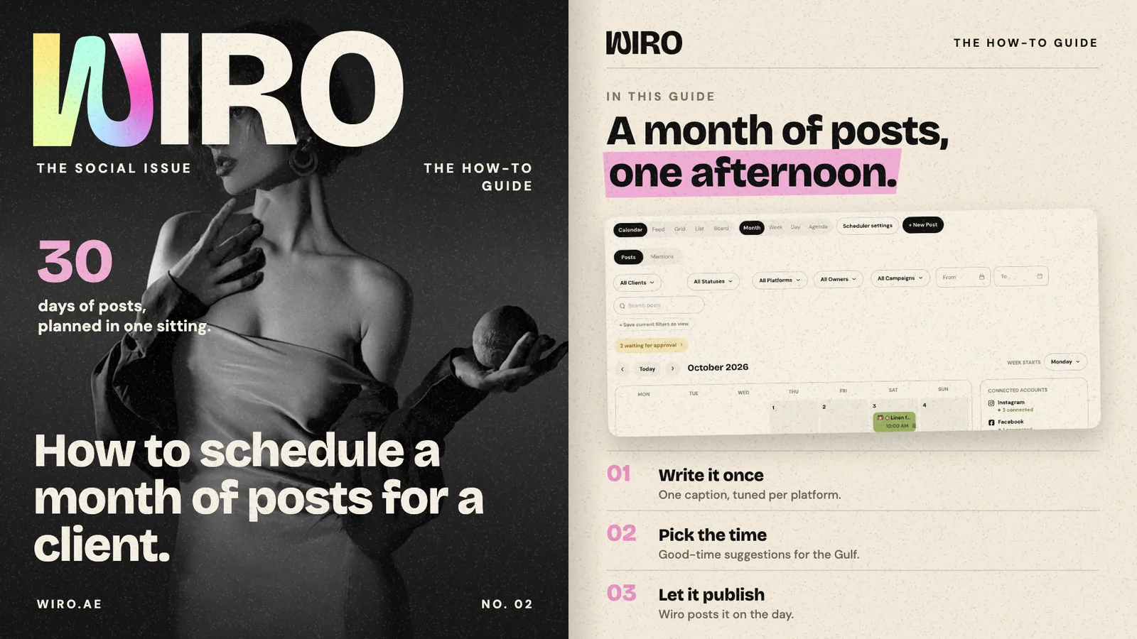 A magazine-style spread: a black and white portrait of a woman in an evening dress beside a contents page showing Wiro's month calendar