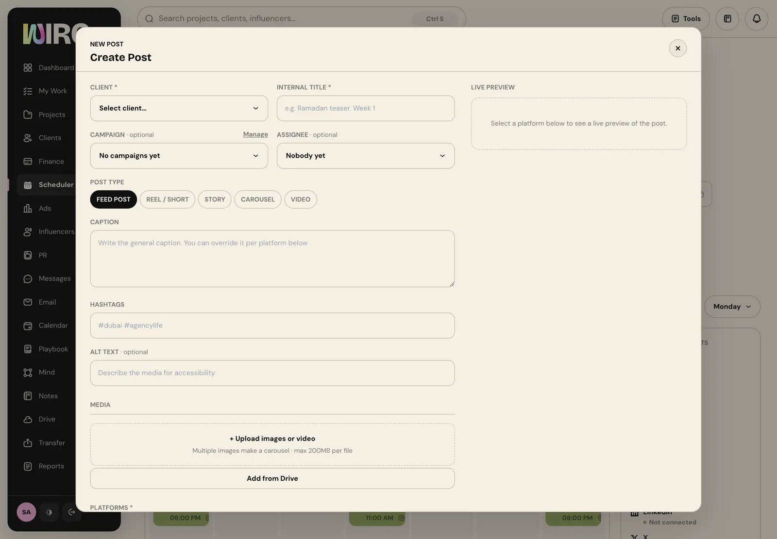 The Create Post dialog with client, internal title, campaign, assignee, post type, caption, hashtags, alt text and media fields