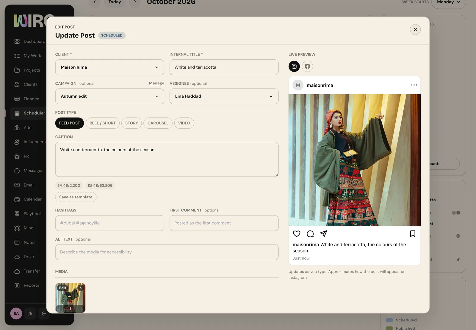 The post editor with a caption and image on the left and a live Instagram preview of the post on the right