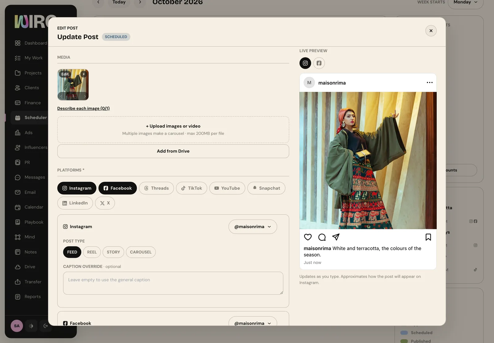 The Platforms section with Instagram and Facebook selected, each with its own account, post type and caption override