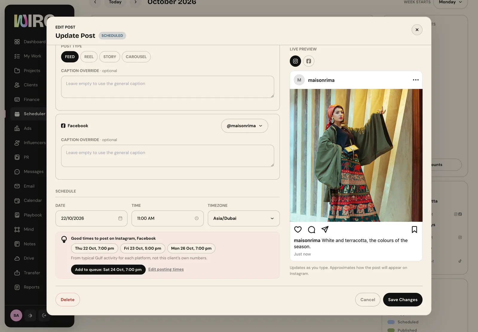 The Schedule section with date, time and time zone, and suggested good times to post on Instagram and Facebook with an Add to queue button