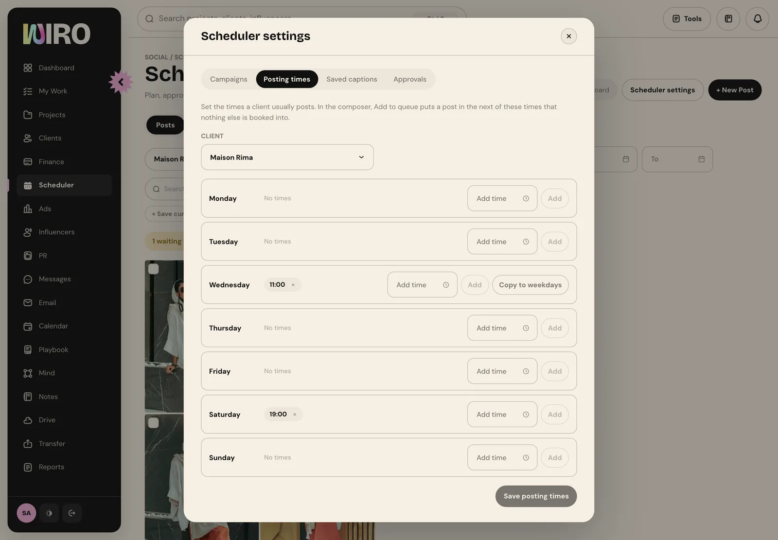 Scheduler settings on the Posting times tab for Maison Rima, with 11:00 on Wednesday and 19:00 on Saturday