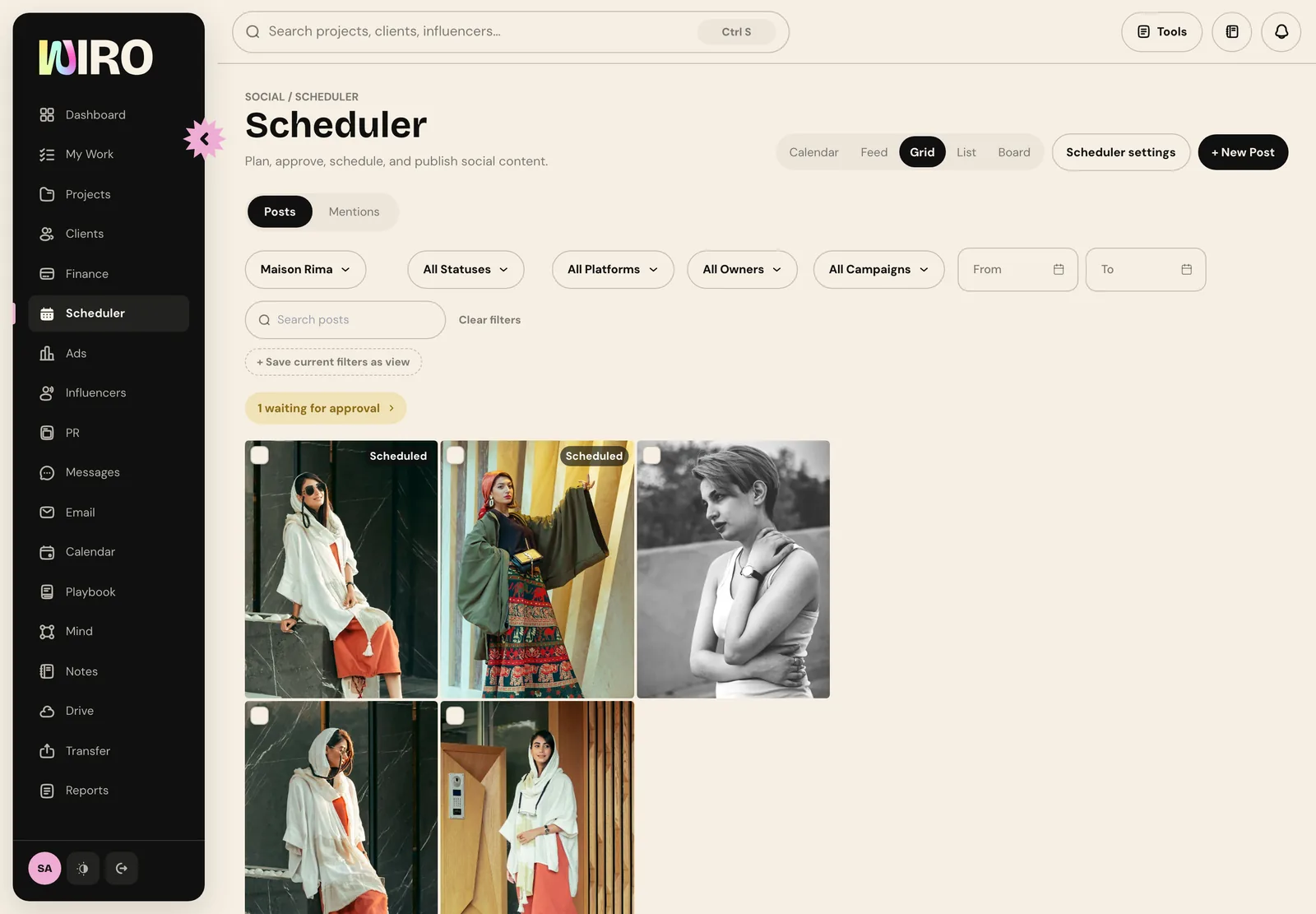 The Scheduler's Grid view filtered to Maison Rima, showing the posts as a profile grid with Scheduled labels