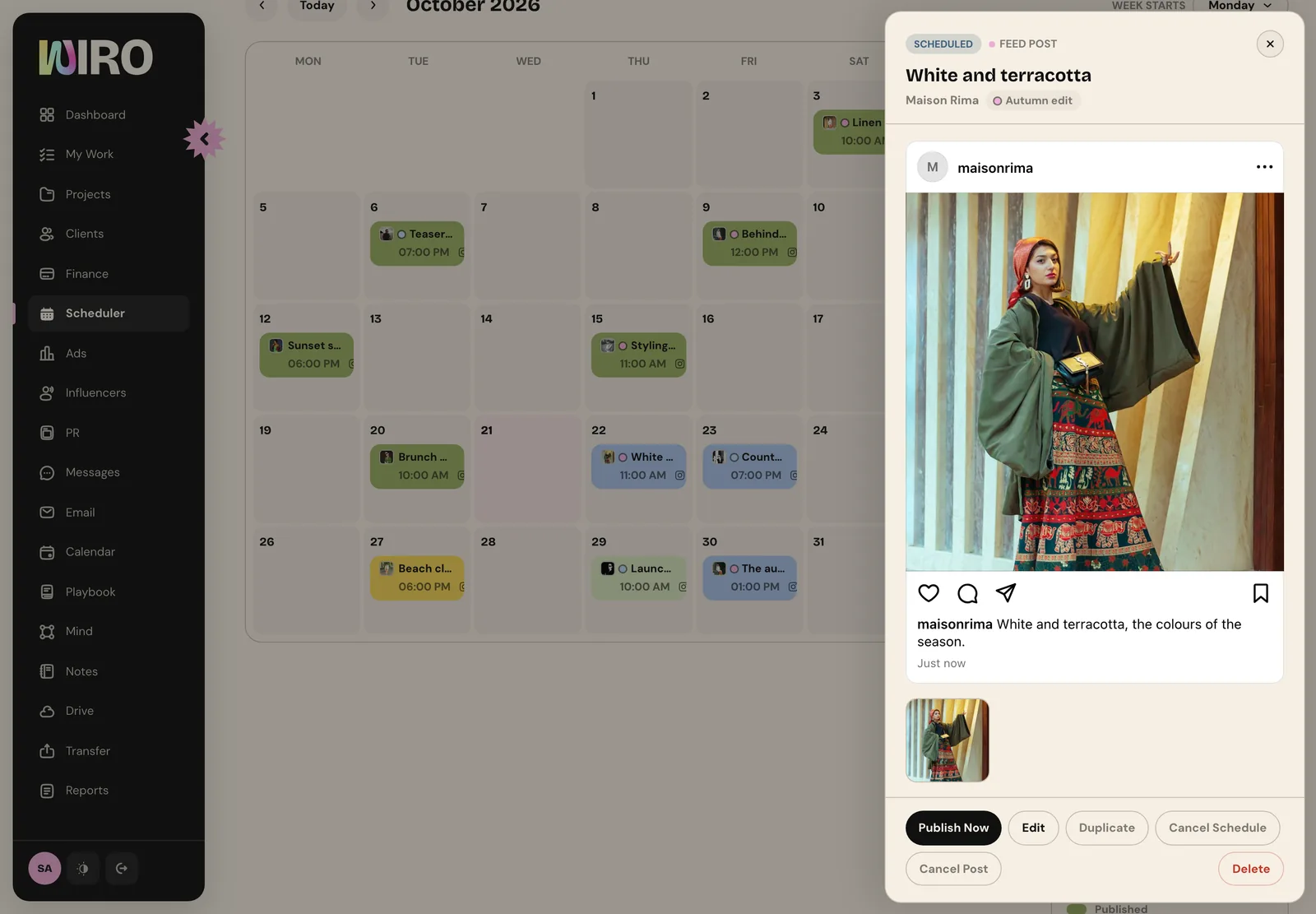 A scheduled post opened from the calendar, with its preview and Publish Now, Edit, Duplicate, Cancel Schedule and Delete buttons