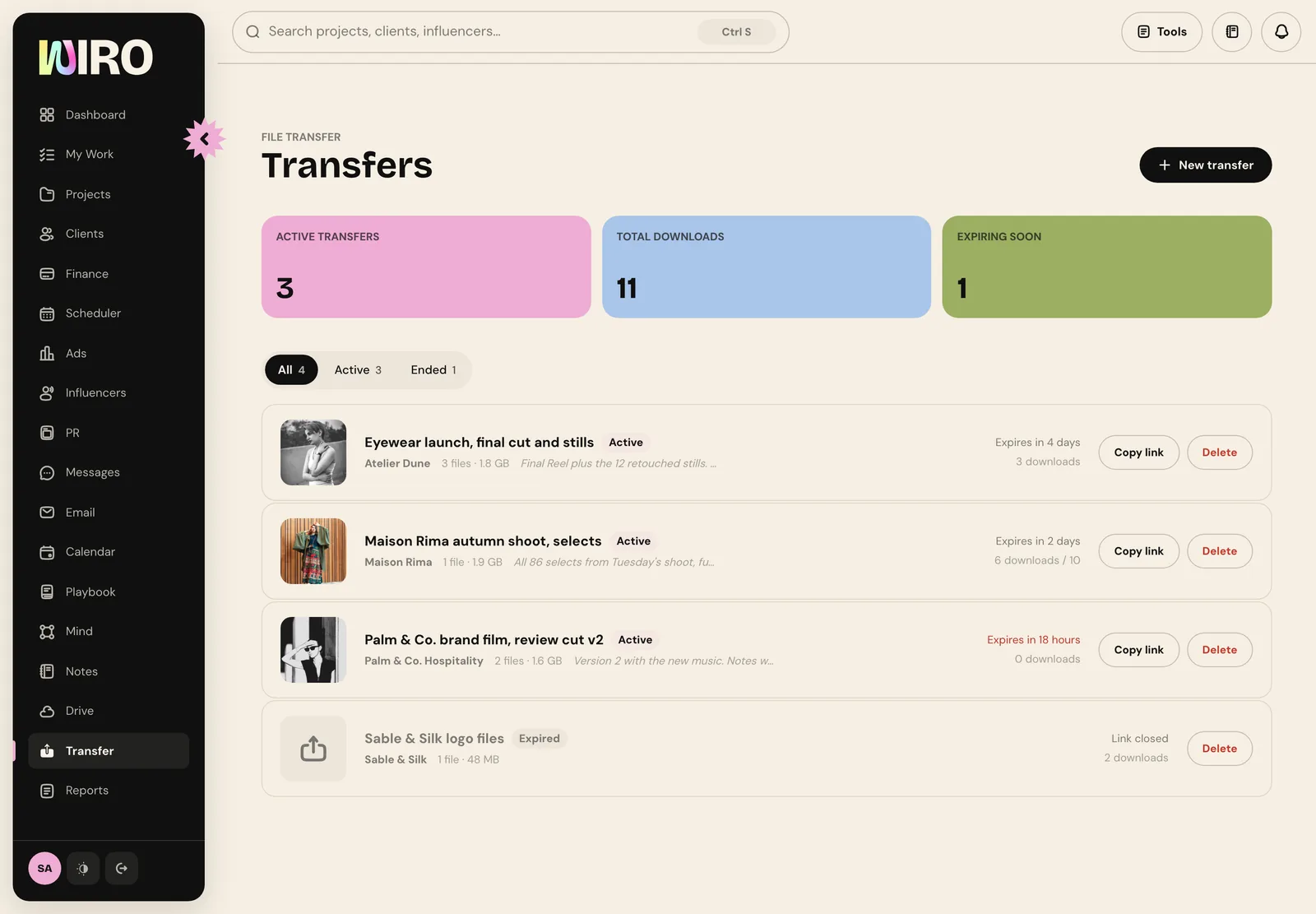 The Transfers page with active transfers, total downloads and expiring soon counts and a list of four transfers with their clients, sizes, expiry and downloads