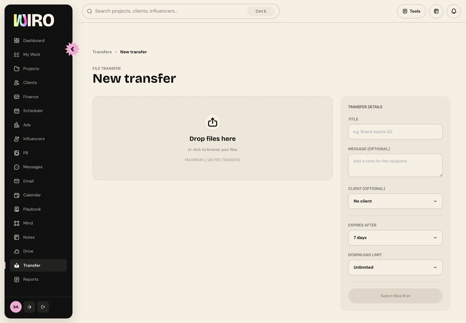The empty New transfer screen with a drop zone for files and the transfer details panel