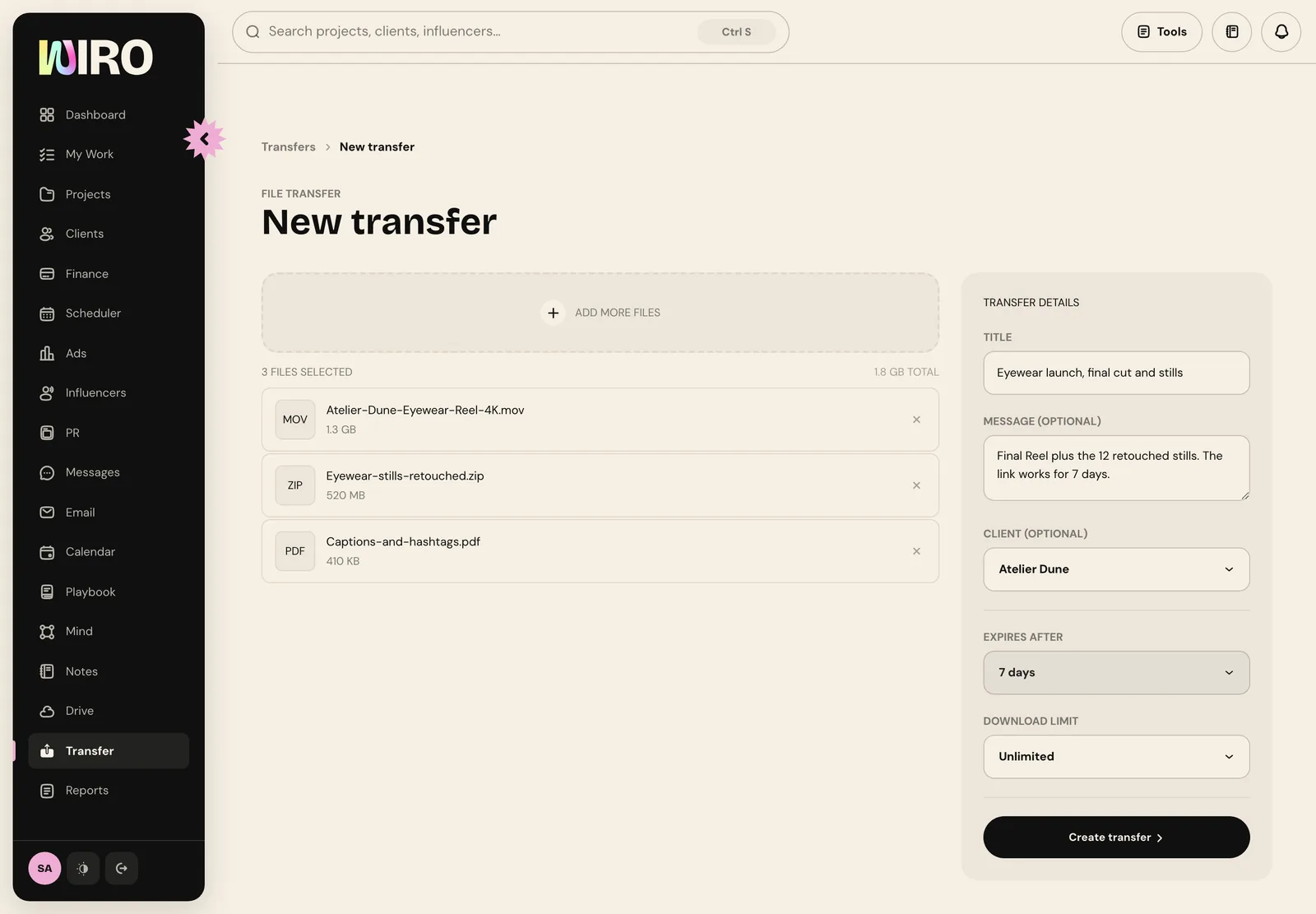 The New transfer screen with three files totalling 1.8 GB, a title, a message, client Atelier Dune, an expiry of 7 days and unlimited downloads