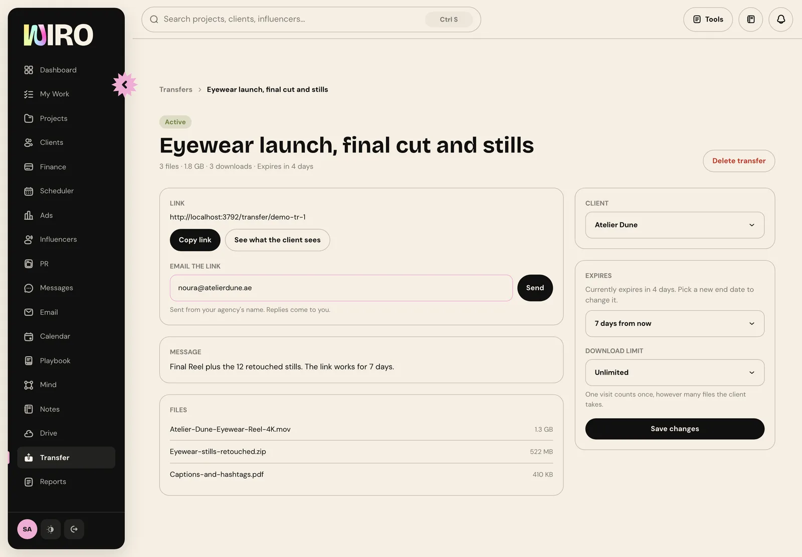 A transfer's page with the link, Copy link and See what the client sees buttons, an email field with the client's address, the message, the files and the expiry and download limit settings