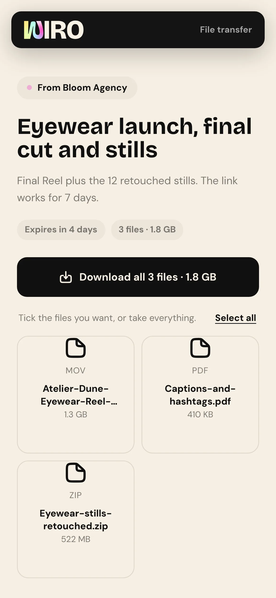 The same download page on a phone with the Download all button and the file cards