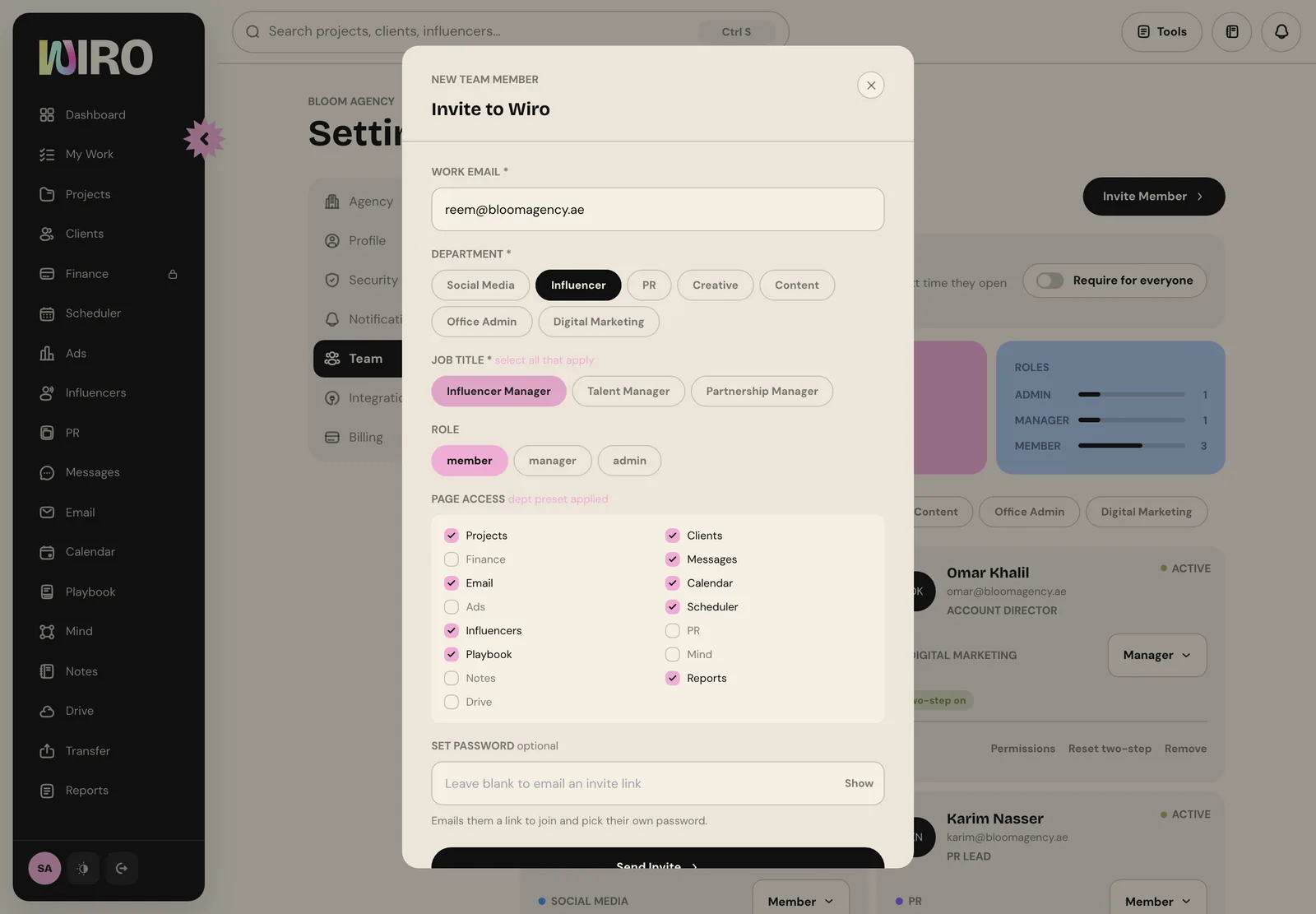 The Invite to Wiro dialog with work email, department set to Influencer, job title Influencer Manager, role member and page access checkboxes