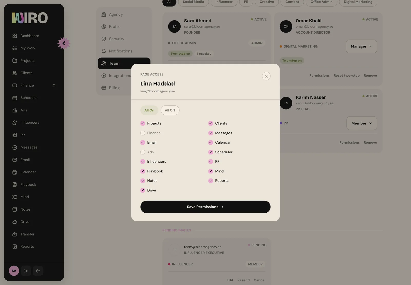 The Page Access dialog for Lina Haddad with checkboxes for each page and Finance and Ads turned off