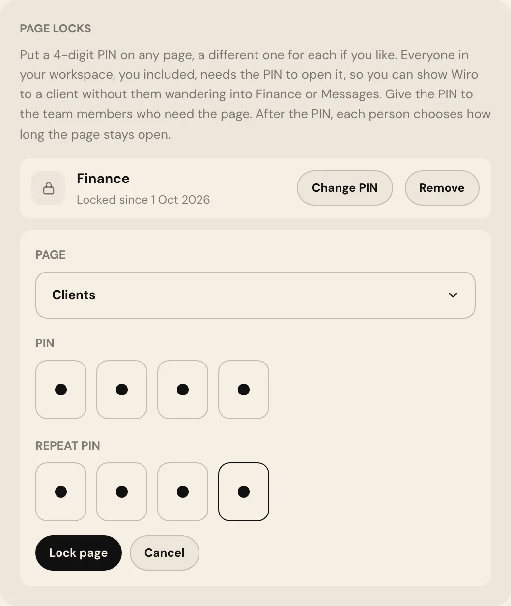 The Page locks section with Finance already locked and a form to lock Clients with a PIN and a repeated PIN