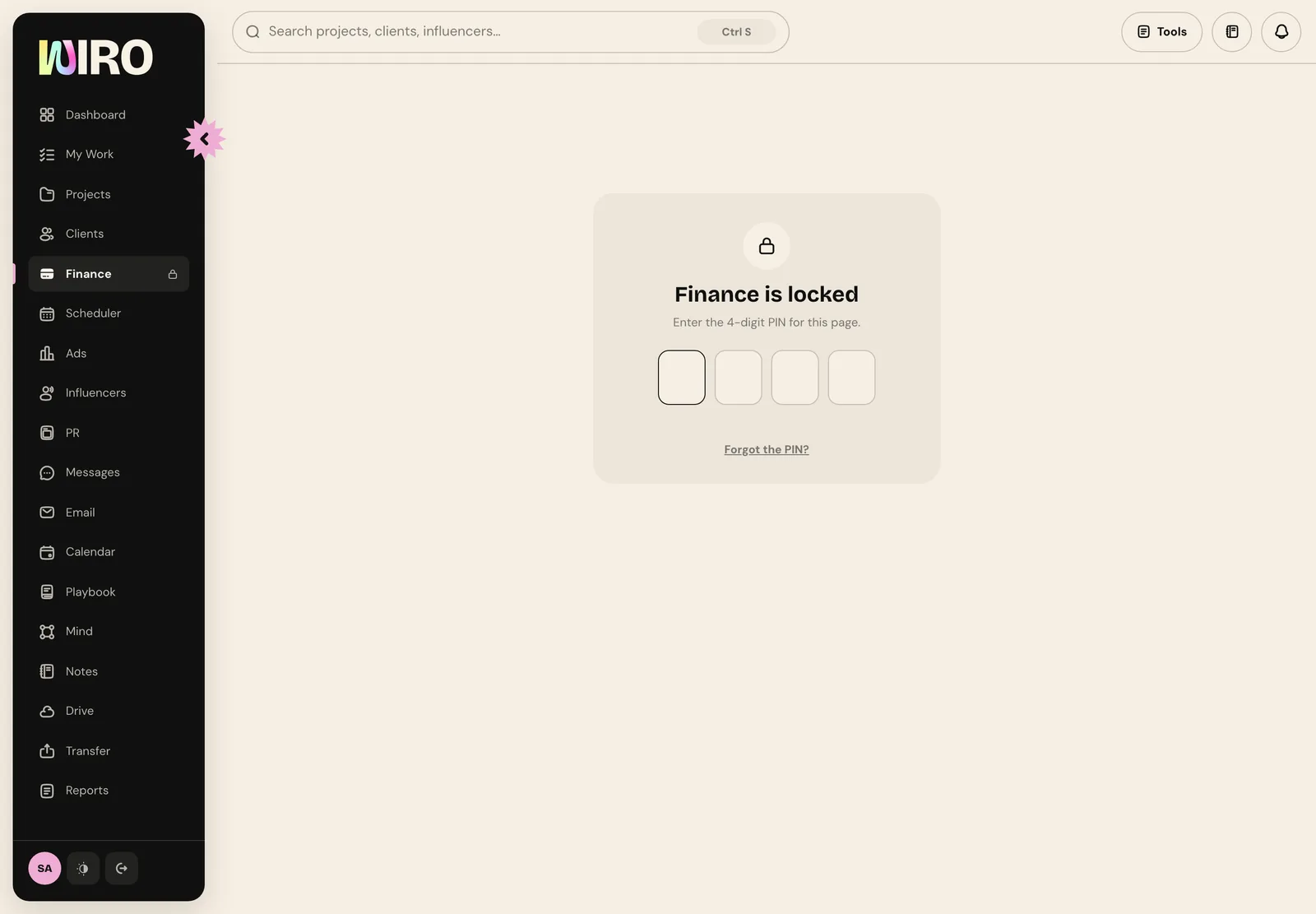 The Finance page locked, asking for the 4-digit PIN, with a lock next to Finance in the sidebar