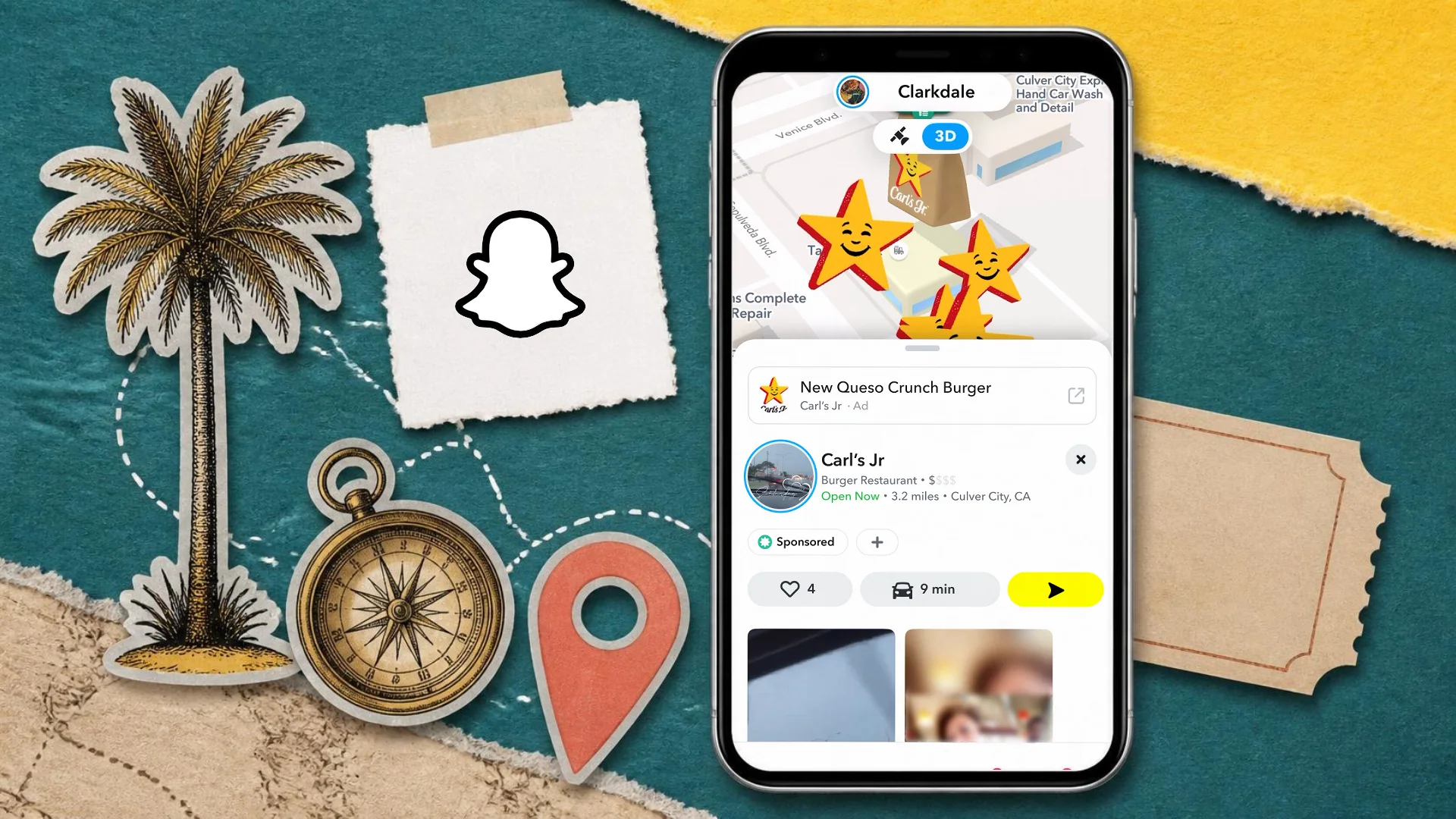A torn paper collage on teal paper and an old map of a phone showing a sponsored Carl's Jr place on the Snap Map, beside a palm tree, a compass and the Snapchat logo on a tag