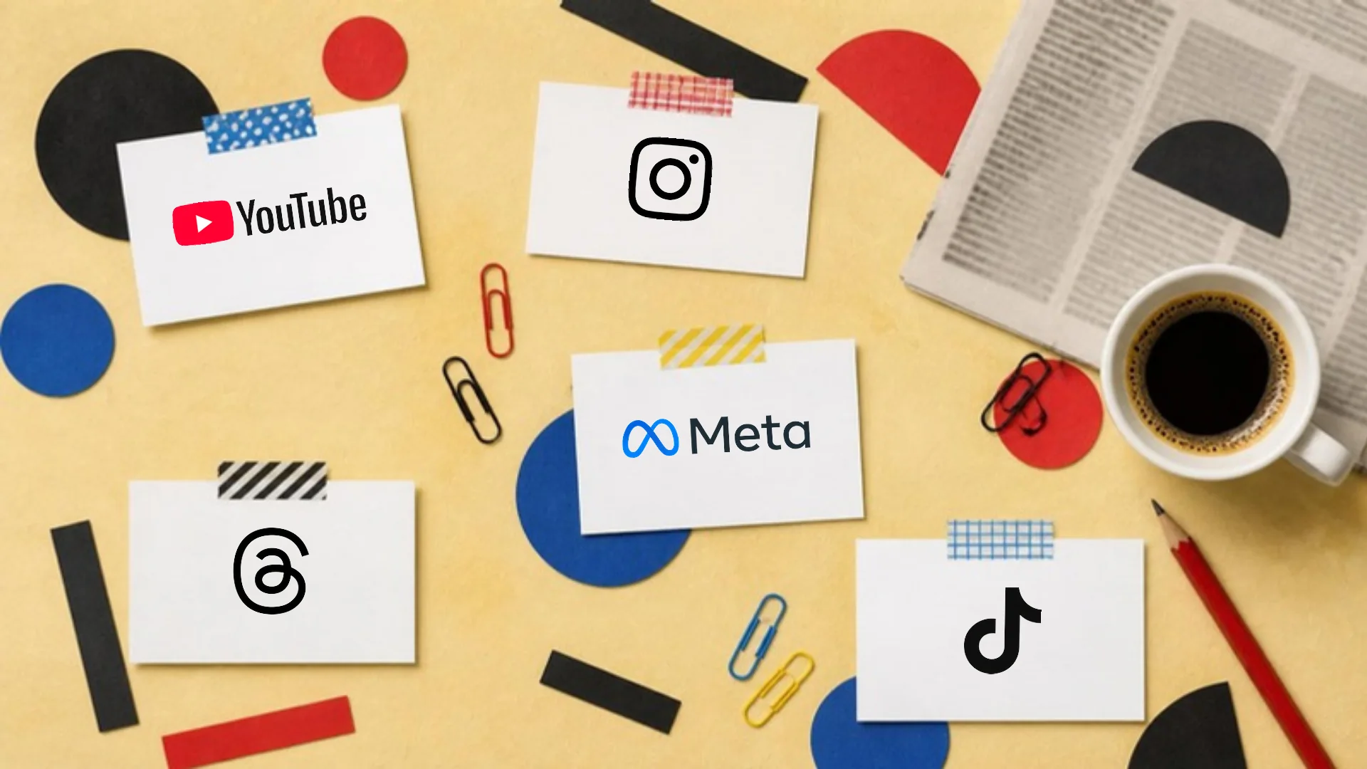 A butter yellow paper collage of five taped cards carrying the YouTube, Instagram, Meta, Threads and TikTok logos, beside a folded newspaper and a cup of coffee