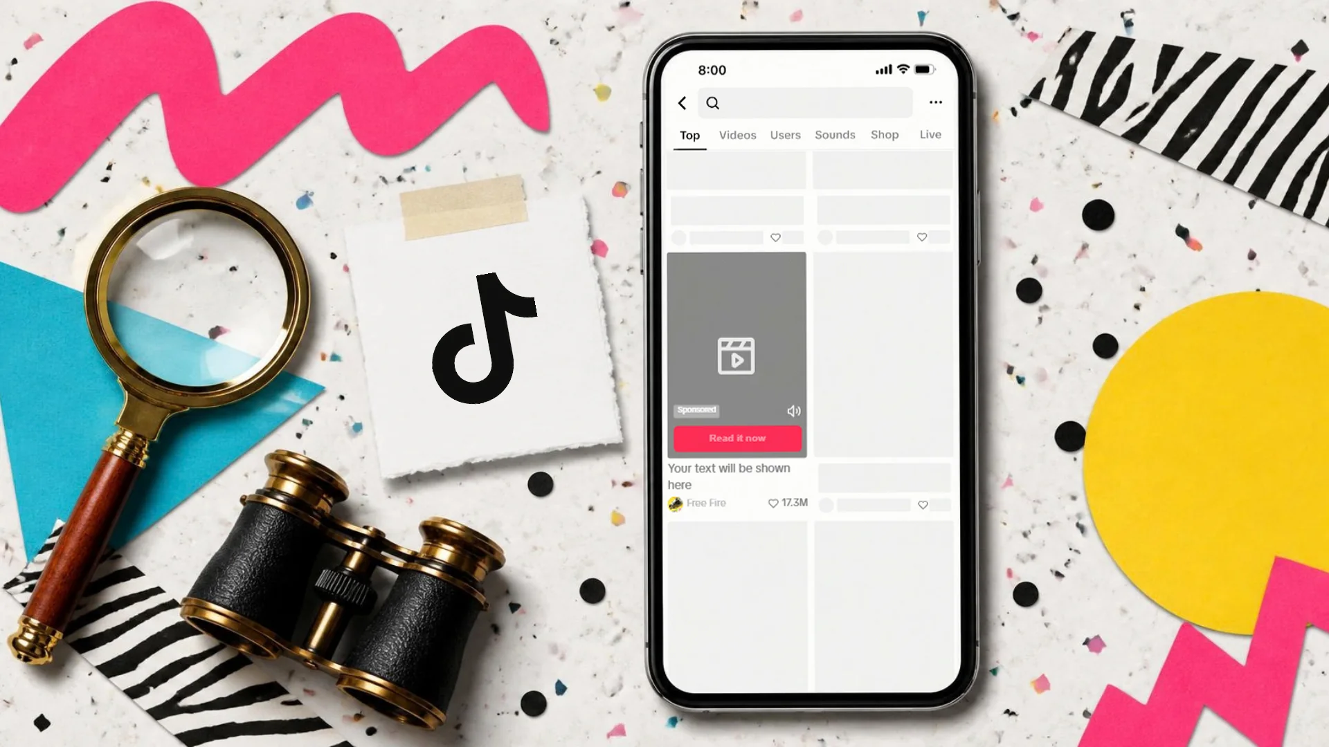 A Memphis-style paper collage of a phone showing TikTok's preview of a sponsored search ad with a Read it now button in search results, beside a magnifying glass, binoculars and the TikTok logo on a tag