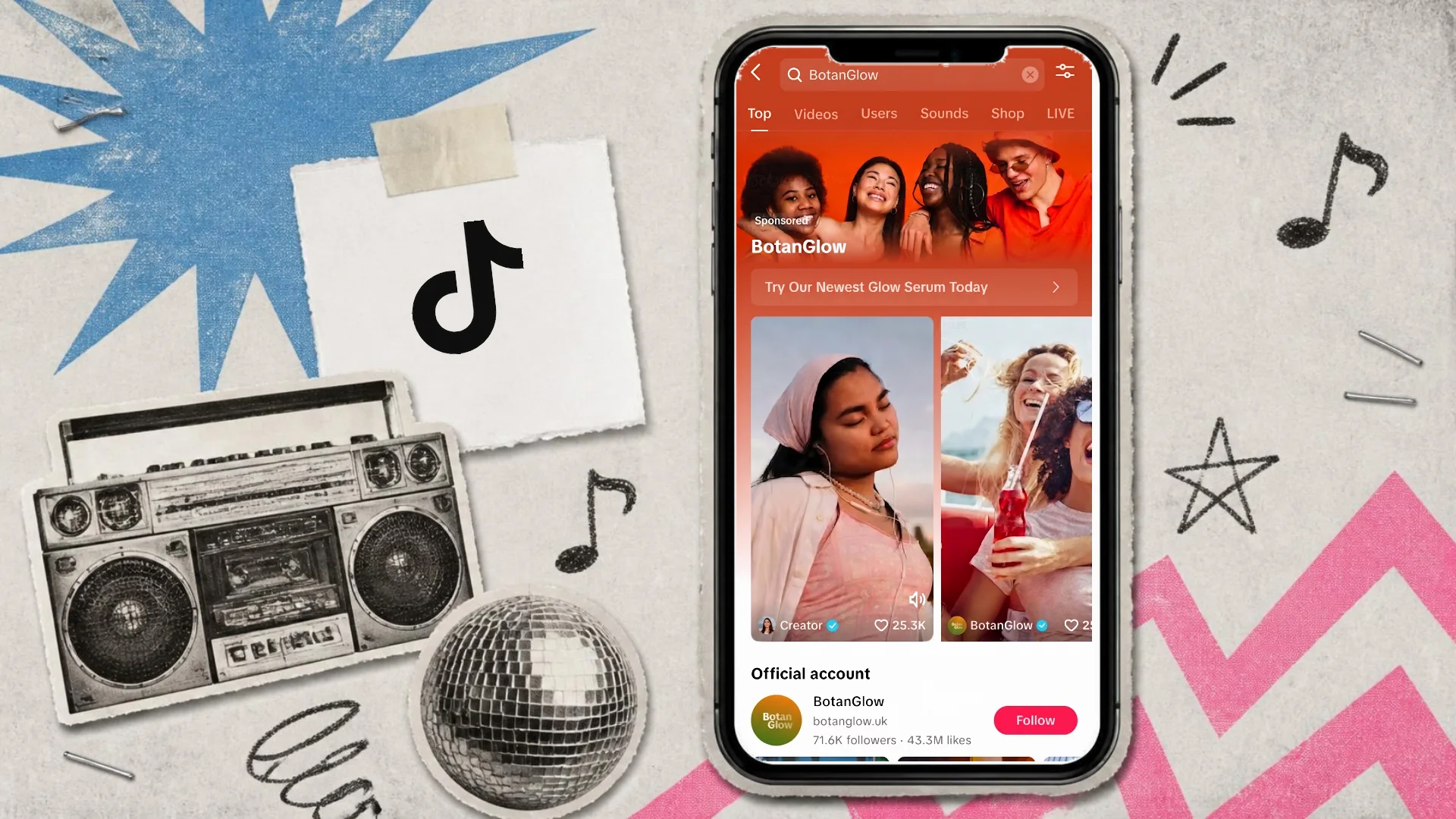 A photocopy zine collage of a phone showing a sponsored brand Search Hub at the top of TikTok search, beside a boombox, a disco ball and the TikTok logo on a tag